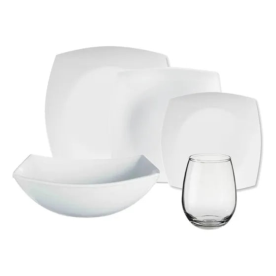 Juego De Vajilla Cuadrado Vidrio Templado Opal Platos Vasos Blanco