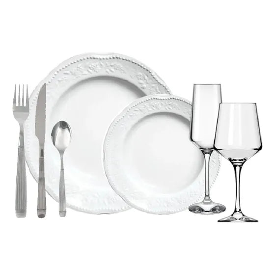 Juego Vajilla Fiestas Platos + Copas + Cubiertos X28 Piezas Blanco Mozart